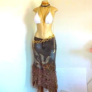 VTG SURREAL SZ S BROWN DENIM JEAN SKIRT EMBELLISHED LACE SEQUINS SHEER METALLIC